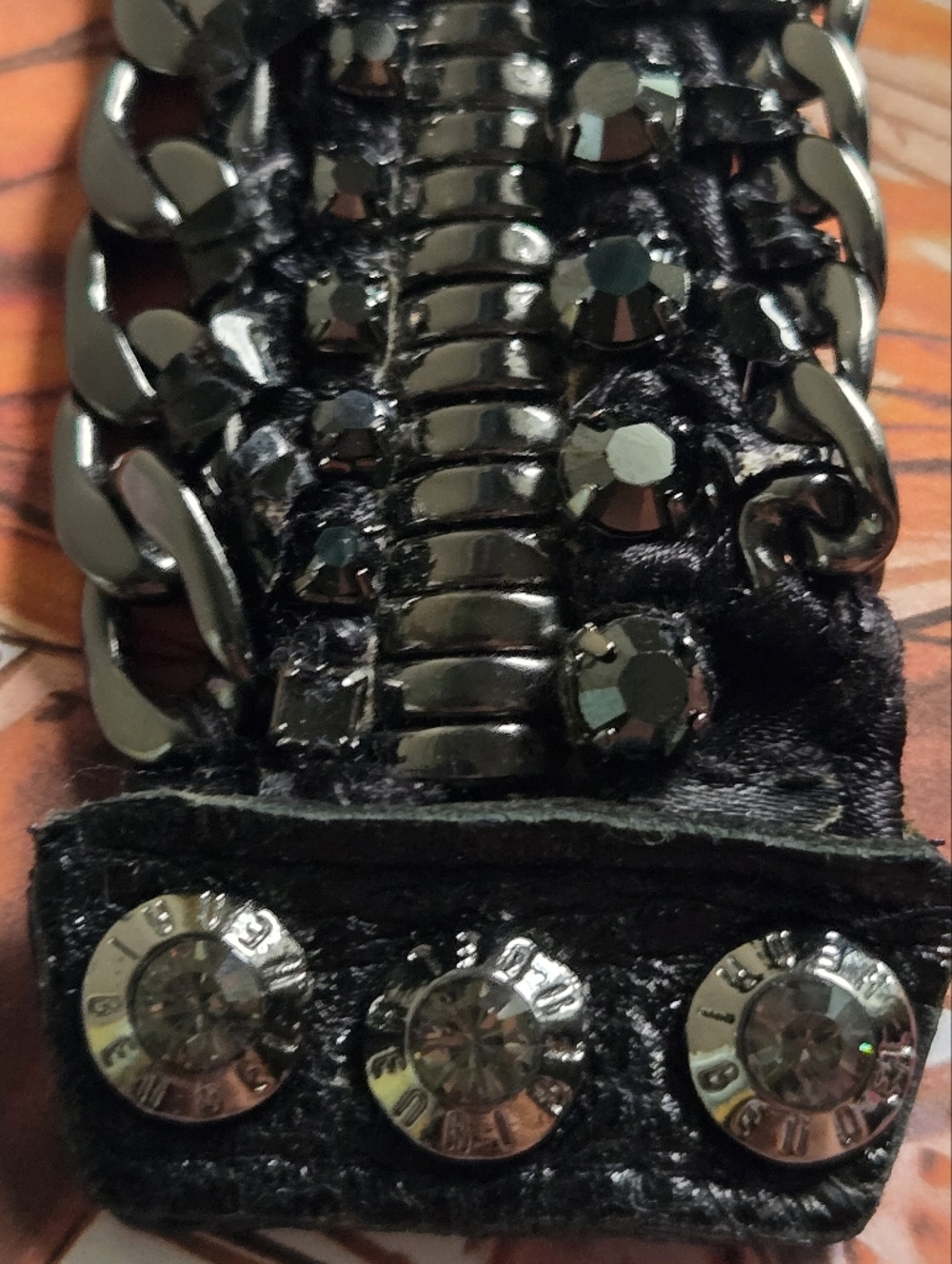 Vintage Henri Bendel Black Chain-Link & Crystals Wrap Leather Bracelet GUC - Picture 3 of 13